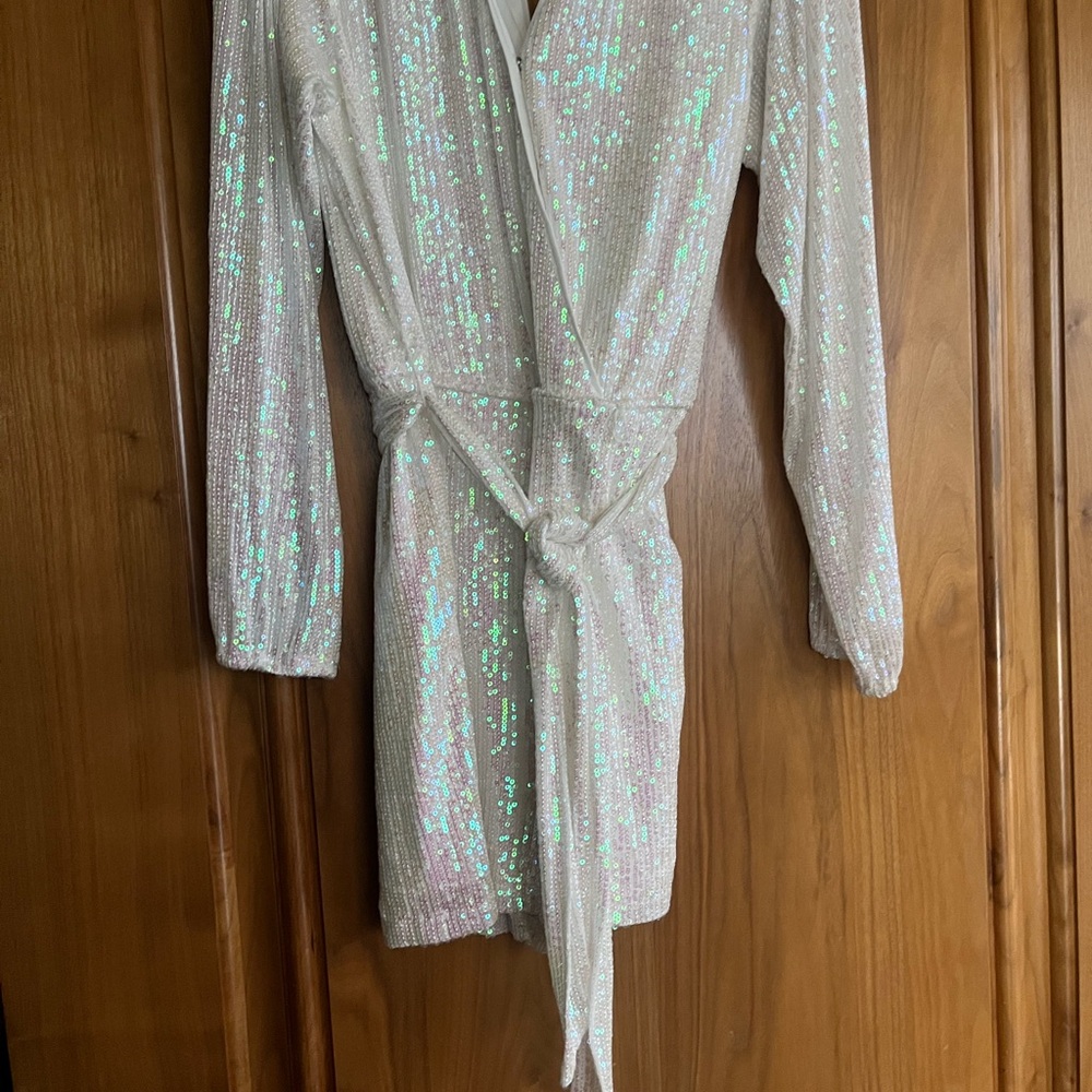 White Sequin Wrap Romper with Belt